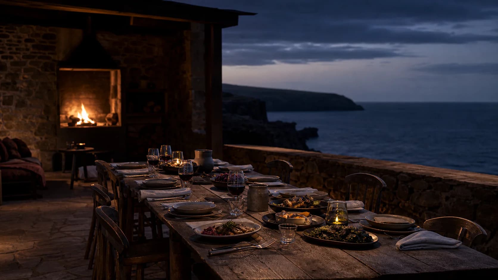 Seasonal dinner beside a coastal fire at dusk