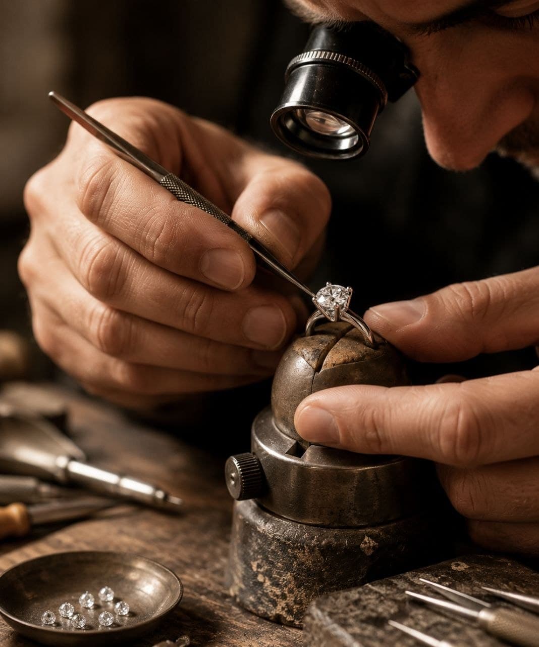 Close view of a jeweller setting a stone
