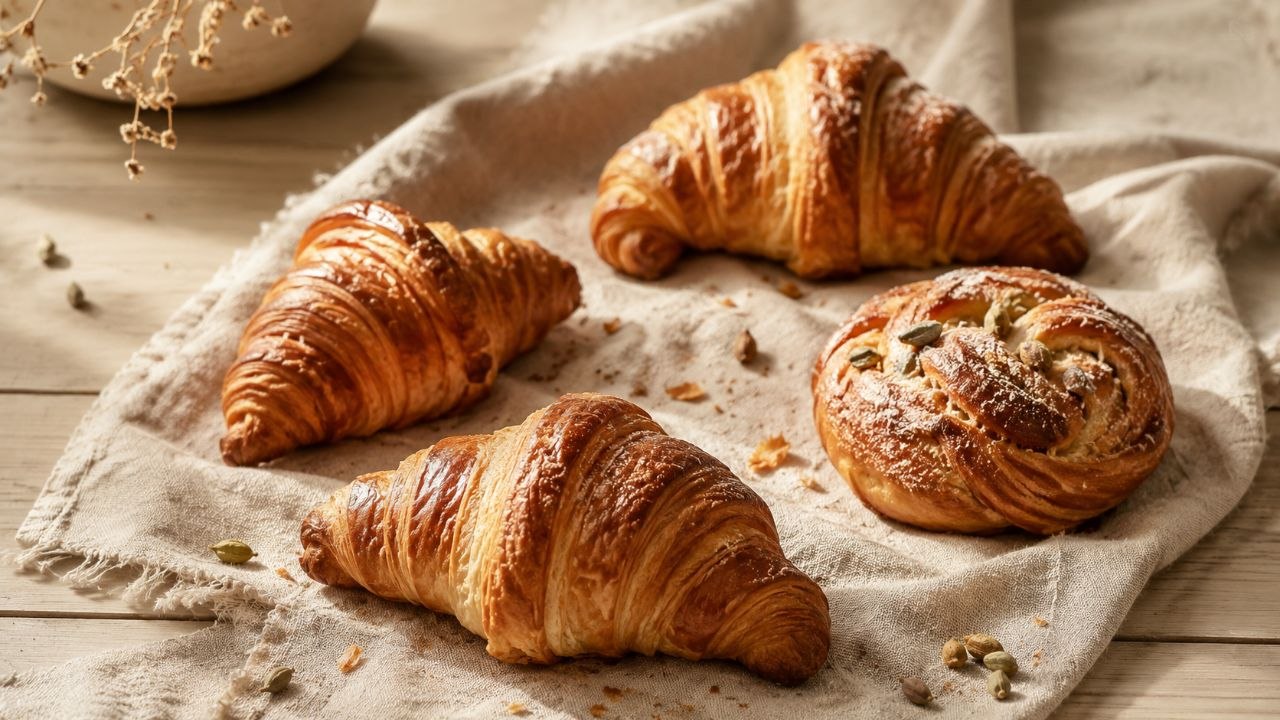 Freshly baked pastries on a linen cloth